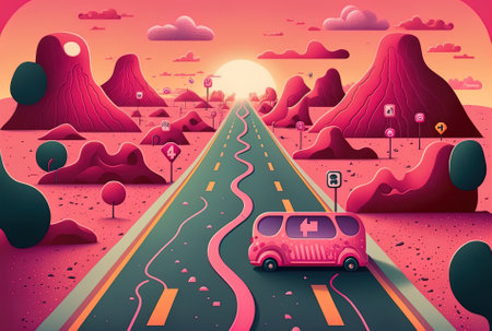 Future travel route the way that social networks developed. a pink highway emerging from a smartphoneの素材