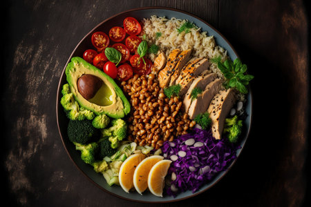 Chicken fillet brown rice avocado pepper tomato broccoli red cabbage chickpeas fresh lettuce salad pine nuts and walnuts are all ingredients in a Buddha bowl dish. balanced healthy diet. aの素材