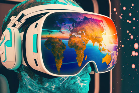 Background intangibles of transportation technology Tourism sector innovation in virtual and augmented reality for a futuristic vacation trip on a coronavirus quarantine provided by a NASA mapの素材
