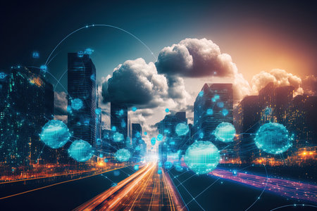 Concept of cloud technology with lines connecting the icons of several internet networks on a digital screen with an abstract city background. two exposuresの素材
