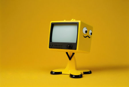 On a yellow backdrop an alarm clock figure mascot holds up a blank trade show LCD screen stand as a template for your design.の素材