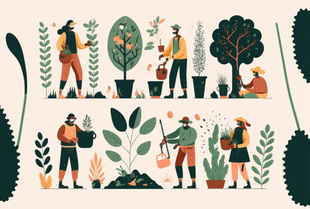 Concept of reforestation ecology and nature. Characters World Environment Day working in a garden saving the world and planting seedlings and growing trees in the soil. Cartoon Illustrations of Pの素材