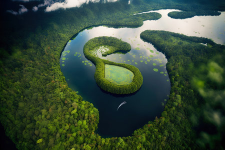 Lakes and rivers view from an aircraft tropical Costa Rica river dawn. Central America is home to lush vegetation. Water filled trees during the rainy season. aerial photo A natural setting by theの素材