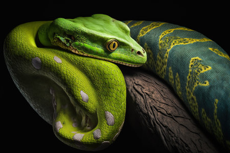Close up of a green tree python snake poised to strike a chondropython viridis snake against a dark backdropの素材