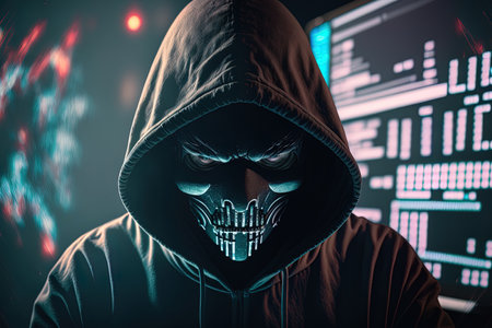 Hacking and malware concepts are displayed up close by an unidentified hacker wearing a mask and a black hoodieの素材