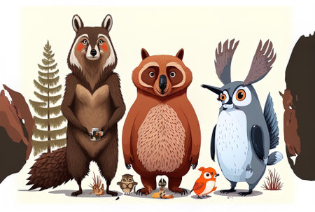 Cartoon owl bear fox raccoon and squirrel from the wild. Illustration collection of lonely wild animals and birds from the woods. fauna in the woods. cartoons of an owl a fox and a bearの素材
