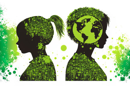 Concept for environmental technology. Kids with the Globe and Nature power symbol technologies in silhouette rear views. aims for sustainable development. SDGs. Children link digital ecology with sociの素材