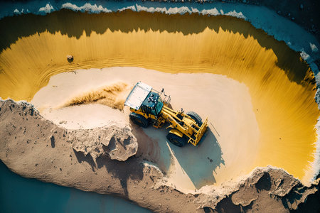 Excavation work is being done by a yellow bulldozer at a clay quarry as seen from above by a drone. Bulldozer Crawler rips up the earth with a bucketの素材