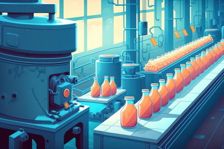 Beverage factory Conveyor belt with juice in bottles Industrial Interior in blue color food and drink production line processの素材