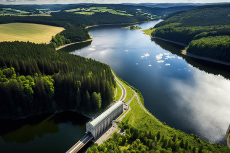The largest hydroelectric dam in the Czech Republic is the Orlik Reservoir on the Vltava River. aerial picture of a significant renewable energy source in the European Unionの素材