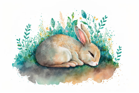 Cute hand drawn watercolor image of a sleeping animal rabbit. baby shower invitation card kids nursery clothing trendy designの素材