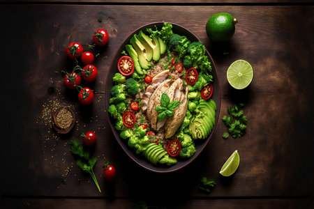 Healthy salad bowl with quinoa tomatoes chicken avocado lime and mixed greens lettuce parsley on wooden background top view. Food and healthの素材
