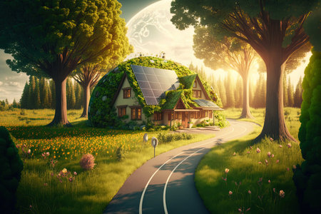 Earth that is environmentally friendly. the countryside is green. solar panels in lush meadows and leaf covered trees next to the road. Eco Power from renewable sourcesの素材