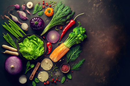 Raw organic vegetables with fresh ingredients for healthily cooking on vintage background top view banner. Vegan or diet food concept. Background layout with free text spaceの素材