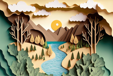 Paper layer top view sliced wooded setting with trees a river clouds and a little valley. paper art with a landscape design. papercutting and craft design. illustrationの素材