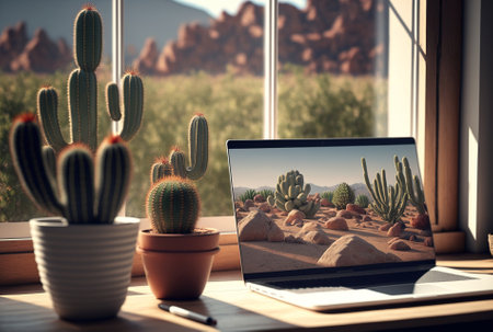 Close up Scandinavian home open laptop screen mockup on wood table next to window shelf with cacti comfortable simple workstation interior designの素材