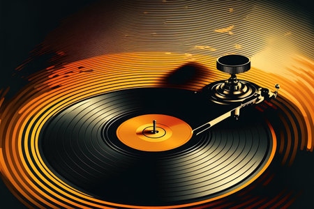 Background of a real vinyl record player. vintage phonograph LP. looking up. Vintage turntable with vinyl record in fine detail. sound technology. sound and entertainment concept a representatの素材