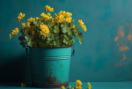 against a blue backdrop a still life close up of a cluster of clovers in a yellow bucket with copy spaceの素材