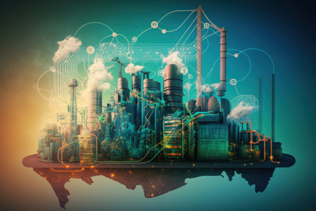 Concept of a modern industry and communication network. Telecommunication. IoT (Internet of Things) (Internet of Things). ICT (Information communication Technology) (Information communication Technoloの素材