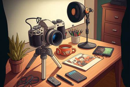 table with supplies for content creators. headphones a tripod a camera and a microphone using a home officeの素材