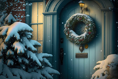 Happy holidays and a prosperous new year. holiday season in the winter with outside snow and christmas decorationsの素材
