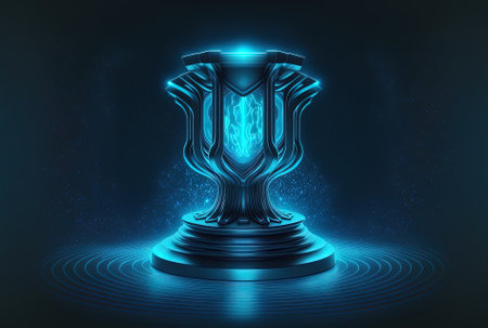 Cyberpunk blue empty pedestal for product presentation technology and sci fi idea artwork with blazing bulb in the darkの素材