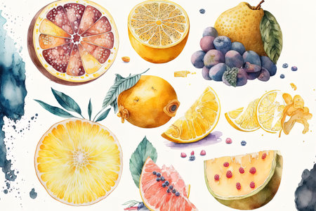 Fruits in watercolors. sour fruit Illustration of food. Juicy lemon fruits Sweet berries exotic summer fruits yellow fruit ingredients for pies ice cream and components for yoghurts and drinksの素材