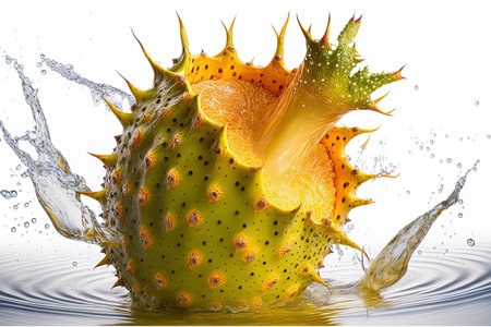 Kiwano or horned melon Cucumis metuliferus splashing into the water in a detailed skin shot on a white backdropの素材