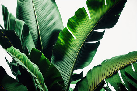 Large green banana leaves of an exotic palm tree grouped together in the sunlight on a white backdrop. apparent texture in the leaf of tropical plants. pollutant free icon. copy space close upの素材