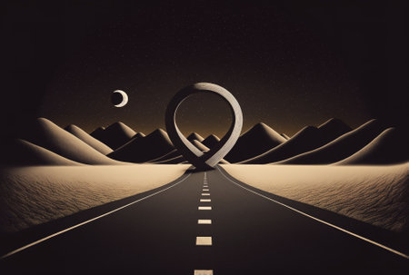 a drawing of the infinity symbol as a road with a vehicle and a place icon on it. never ending highway designの素材