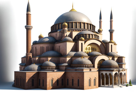 Isolated against a white background is the Hagia Sophia. In Istanbul Turkey it was formerly a Greek Orthodox Christian patriarchal cathedral that subsequently served as an imperial mosque before becの素材