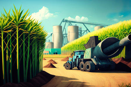 Sugarcane is grown to make both food and sugar. food sector. Tropical culture sugar cane fields and global stake. To create sugar a sugarcane plant is transported from the farm to the factoryの素材