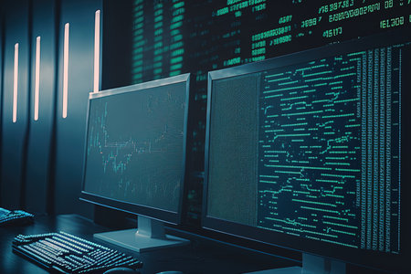 In an empty office of a software development company computer screens are displaying programming code while computers in the background are parsing data algorithms. cloud computing with neural network servers in a data centerの素材