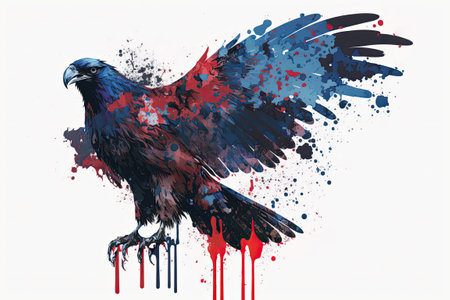 Isolated on a white background is a black silhouette of a spread winged eagle covered in various paint splatters smears and blotchesの素材
