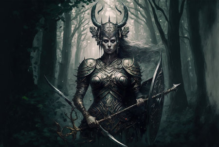 She is a valkyrie wearing a horned helmet with a shield and a spear protector of a sinister knight guarding an old woodland with holy trees charging into warの素材
