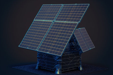 solar panel and solar battery. Concept of renewable alternative energy with low poly lighting panel on a dark blue backdrop. Low poly wireframe design. futuristic abstract drawingの素材