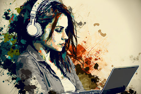 Picture of a youthful contented woman working indoors in an office while using a laptop and headphones to listen to musicの素材