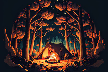Nighttime at a campfire and tent during the summer. Cartoon scene of a campfire rucksack and campground in a wooded area at night. Travel hiking and activities holiday exampleの素材