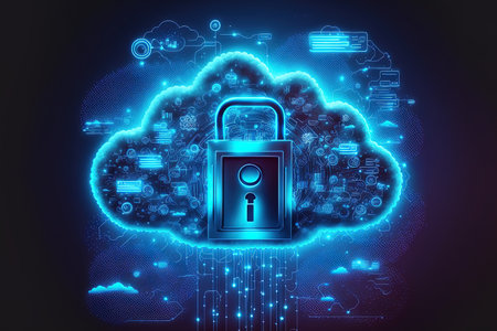 abstract cloud computing network and digital security concept with glowing computer network and lock icons on a blue backgroundの素材