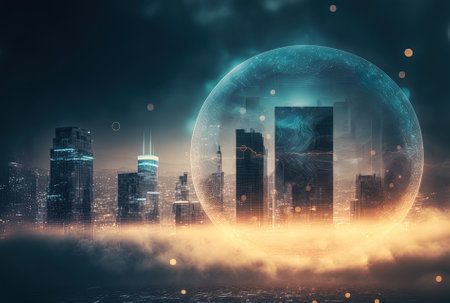 Digital bitcoin hologram and lines against a foggy cityscape Double exposure of a cryptocurrency online banking application and financial ideaの素材