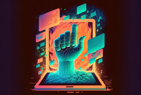 Background big data and blockchain idea with a double exposure of an abstract creative programming illustration and finger clicks on a tablet computerの素材