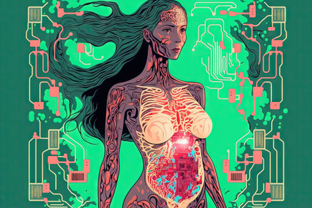 Artificial intelligence (AI) and cyborg born genetic programming neural networks concepts. Pregnant woman with cyborg represented by brain in printed circuit board (PCB) designの素材