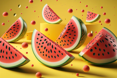 Beautiful design with slices of fresh watermelon on a background of brilliant yellow. looking up. copy roomの素材