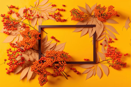 Background composition for autumn Photo holder Flat layout top view copy space anime style Mountain ash branches with berries on a yellow backdrop the idea of Thanksgivingの素材