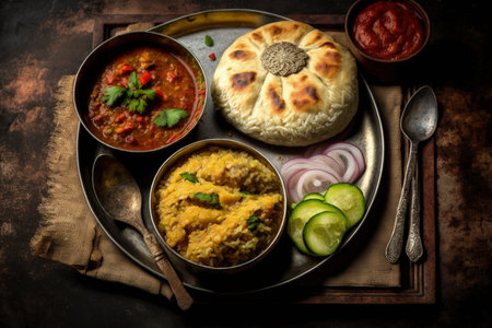 Bengali Bhog is a dish served during the Hindu holiday of Durga Puja in India. Labra tomato chutney and khichadiの素材