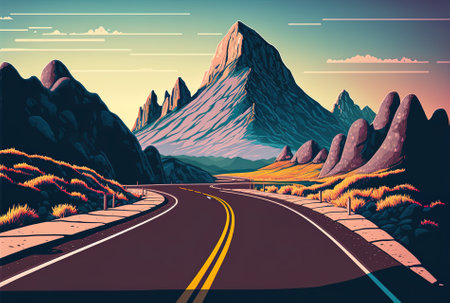 Asphalt road colorful scenery with lovely mountain road with immaculate asphalt high rocks blue sky at dawn in summer antique tone background highway in mountainsの素材