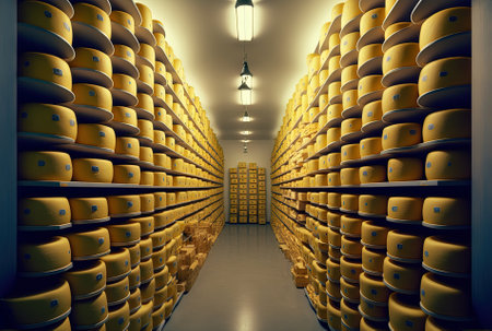 Cheeseheads are stored in the room where European cheeses and dairy products are produced for maturingの素材