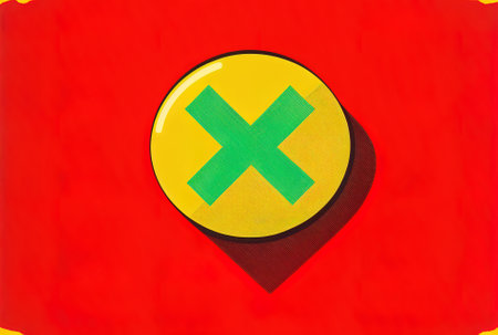 Characterized by a map pointer pin and a confirm or deny yes or no icon sign with a red cross and a green check mark on a yellow backdropの素材