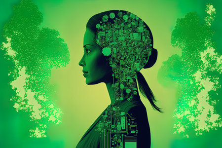 Contemporary art collage. Stylish businesswoman silhouette working on project isolated over green background. Digital brain scheme. Artificial intelligence information cybernetic mind conceptの素材