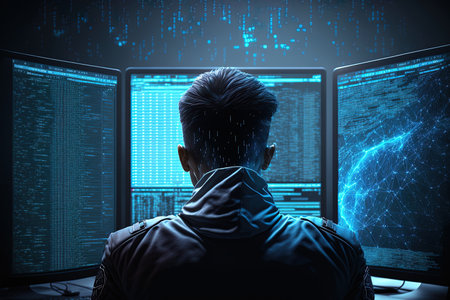 Cyber officer developing database applications using neural networks and binary numbers. Asian software developer utilizing visual programming to create security algorithmの素材